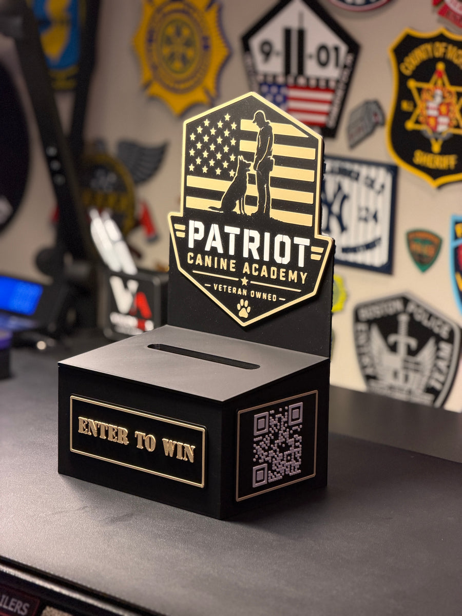 Custom Patriot Canine Academy raffle entry box with raised logo and QR code
