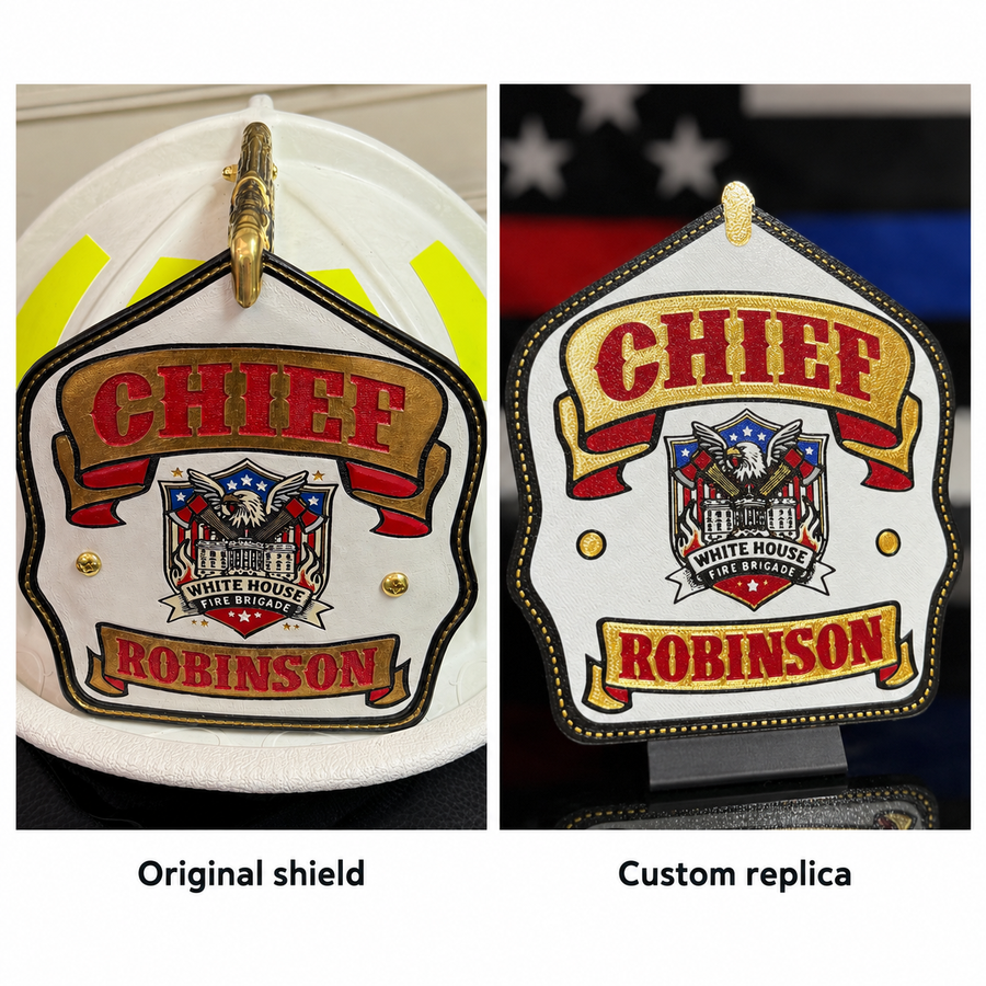Original Robinson chief helmet shield alongside a custom display replica