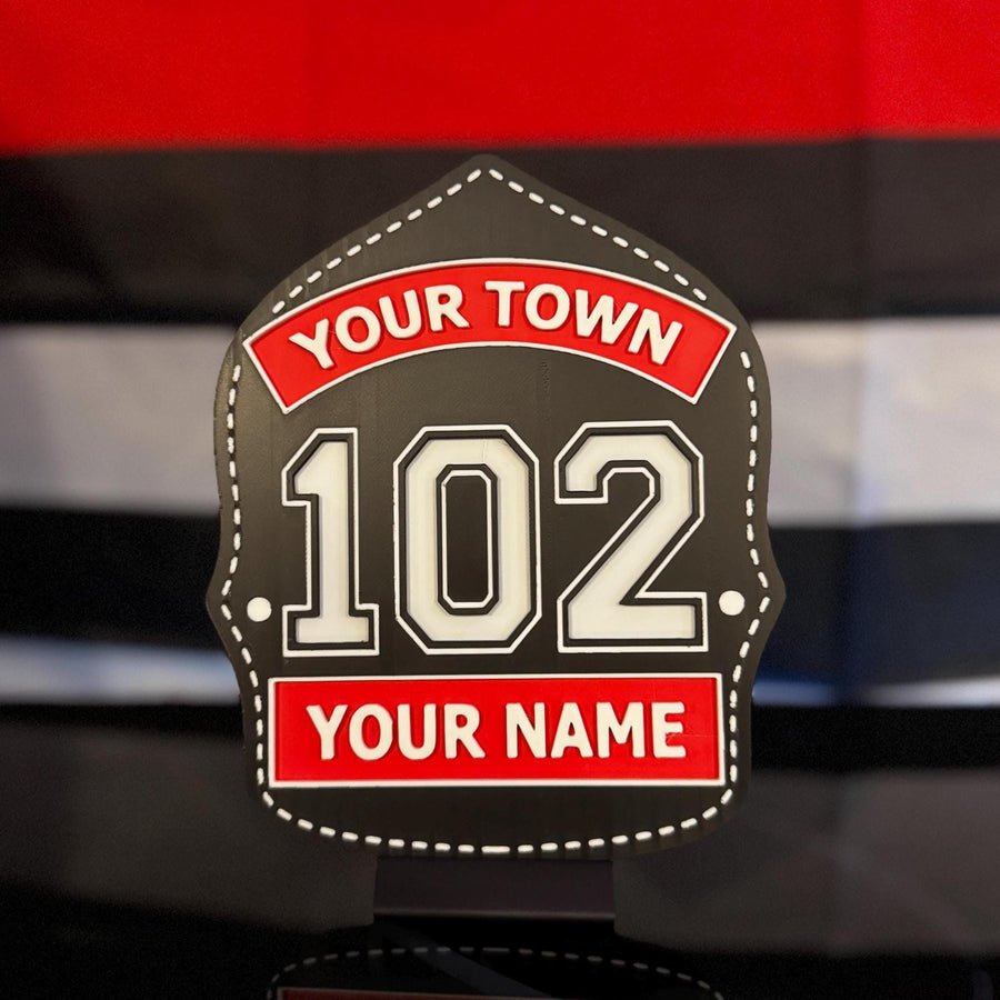 Personalized firefighter helmet shield display with stand