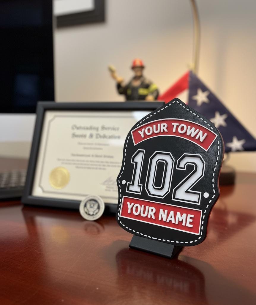 Personalized Firefighter Shield Plaque | 3D Printed Fireman Award