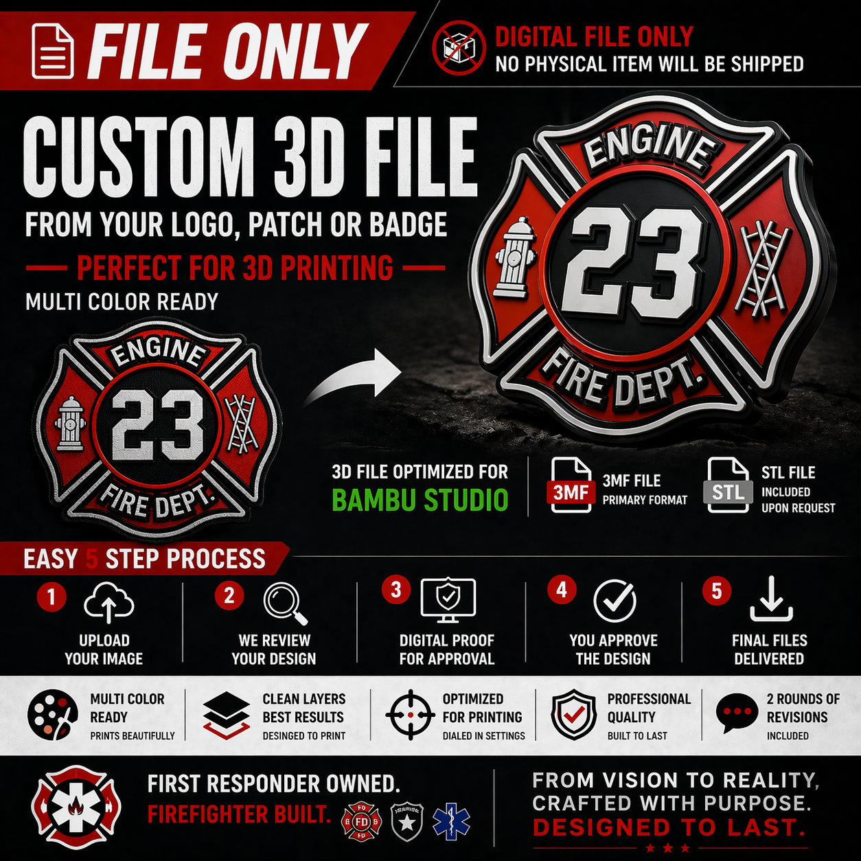 Custom 3D File from Logo | 3MF for Bambu Studio + STL | Patch, Badge, or Logo Conversion